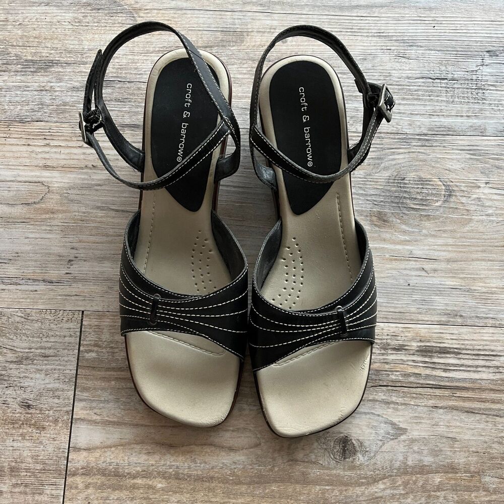Corft & Barrow Sandals Leather Women's 9.5 HEDI Black Strap Buckle Vintage Heel